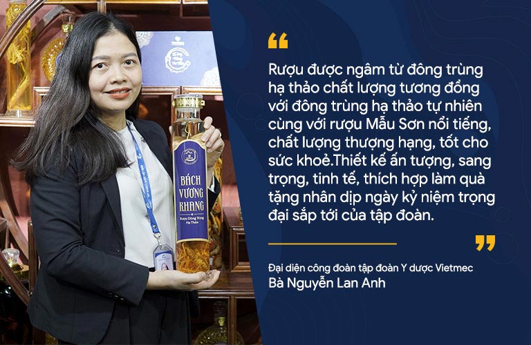 Bà Nguyễn Lan Anh chia sẻ lý do lựa chọn các sản phẩm rượu đông trùng hạ thảo Vietfarm cho sự kiện trọng đại của tập đoàn